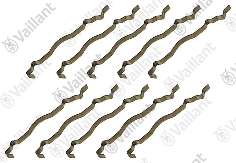 Zehn metallene Clips von Vaillant, gewellt in Form, angeordnet auf heller Fläche.